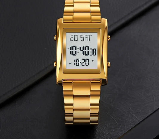 Skmei Men’s Digital Square Watch – Stainless Steel Chain, Quartz Movement, Without box - Golden