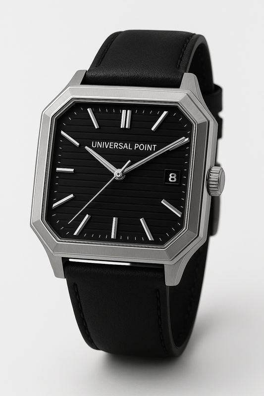 Universal Point UP 1988 – Square Dial Leather Strap Watch | Stainless Steel Case | Water Resistant 3 ATM (With Box)