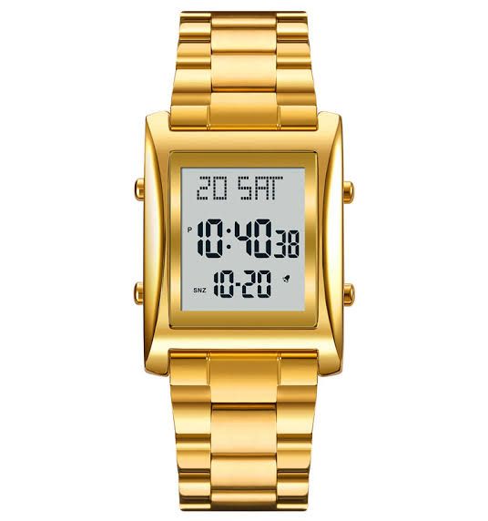 Skmei Men’s Digital Square Watch – Stainless Steel Chain, Quartz Movement, Without box - Golden