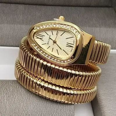 Triple‑Wrap Snake Watch | Diamond‑Set Bezel | Luxury Fashion Accessory - Golden