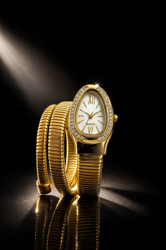 Triple‑Wrap Snake Watch | Diamond‑Set Bezel | Luxury Fashion Accessory - Golden
