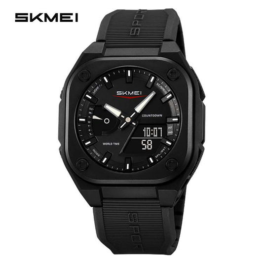 SKMEI Original Men's World Timer Watch – Premium Analog-Digital Sports Chronograph with Heavy-Duty Silicone Strap - Black