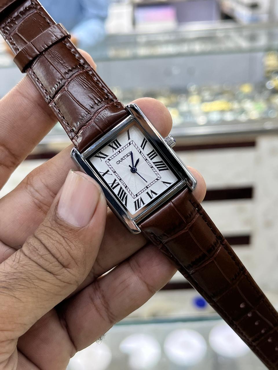 Cartier Style Rectangular Analog Watch for Men – Brown Leather Strap | Quartz Wrist Watch - Golden