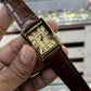 Cartier Style Rectangular Analog Watch for Men – Brown Leather Strap | Quartz Wrist Watch - Golden