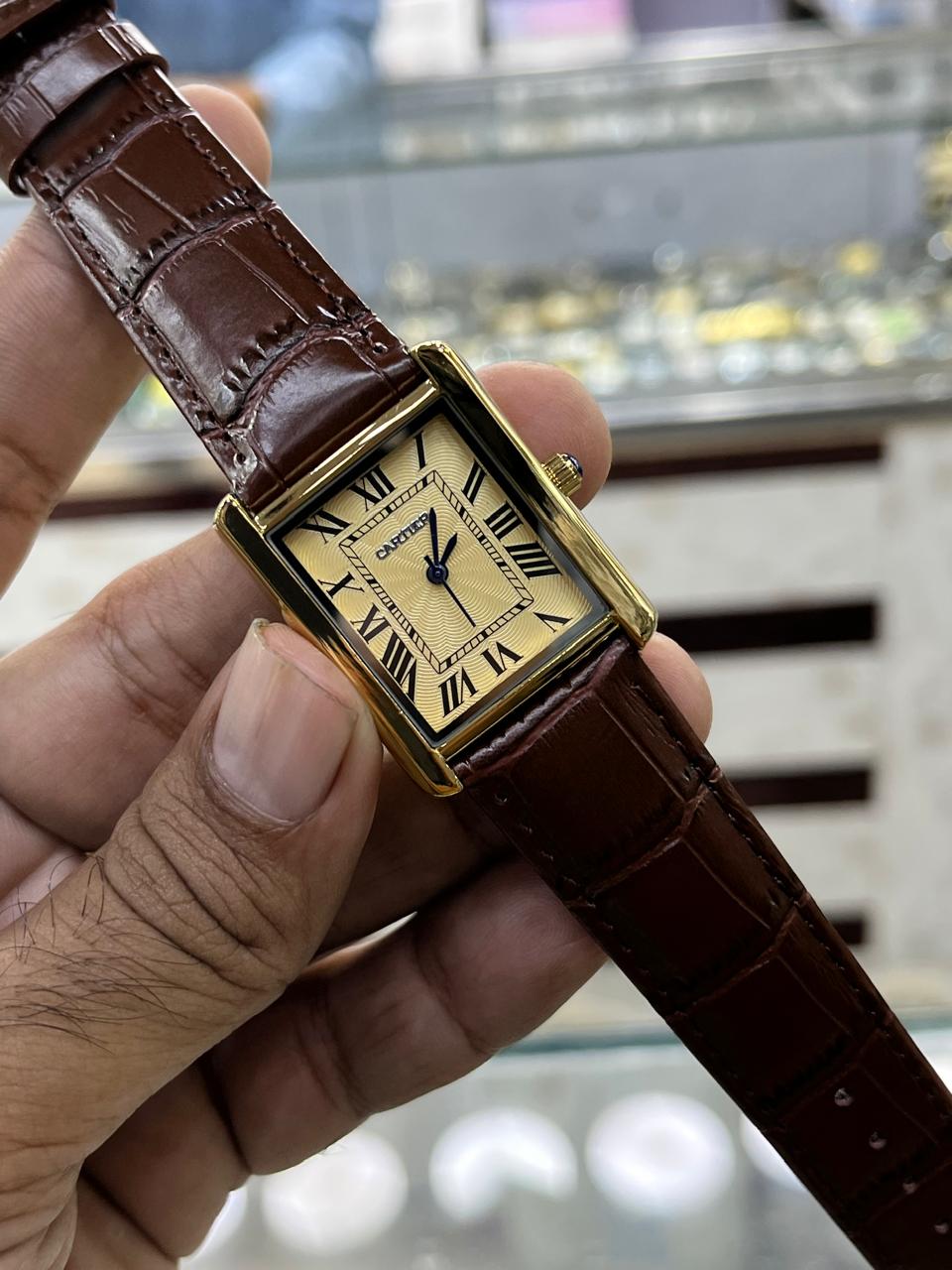 Cartier Style Rectangular Analog Watch for Men – Brown Leather Strap | Quartz Wrist Watch - Golden