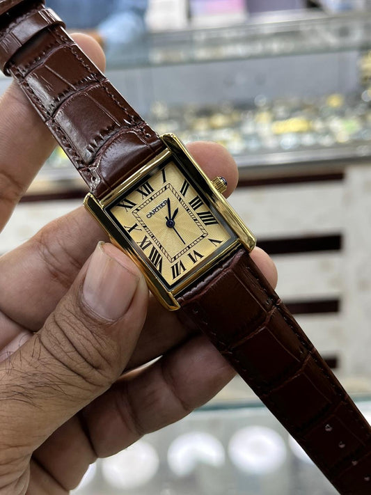 Cartier Style Rectangular Analog Watch for Men – Brown Leather Strap | Quartz Wrist Watch - Golden