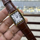 Cartier Style Rectangular Analog Watch for Men – Brown Leather Strap | Quartz Wrist Watch - Golden