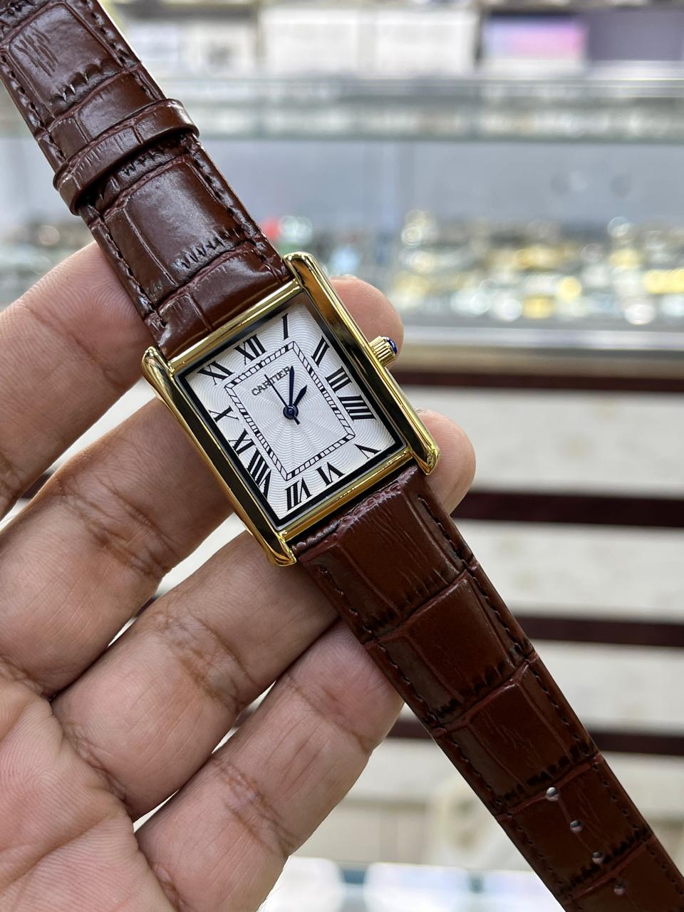 Cartier Style Rectangular Analog Watch for Men – Brown Leather Strap | Quartz Wrist Watch - Golden