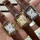 Cartier Style Rectangular Analog Watch for Men – Brown Leather Strap | Quartz Wrist Watch - Golden
